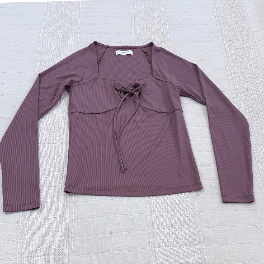 Lucky Brand Ribbed Top Womens M Purple Long Sleeve Square Neck Tie Front